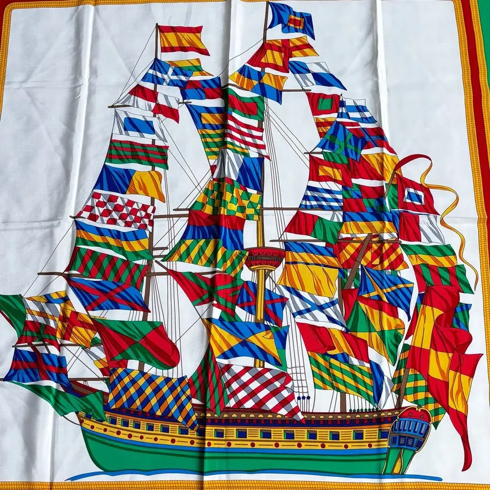 Vintage silky scarf multicolor green white sailing ship flagship motif colorful